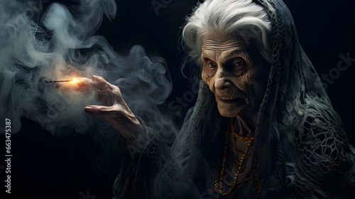 The old witch in dynamic pose dark room, smoke Fairy tales on Halloween.