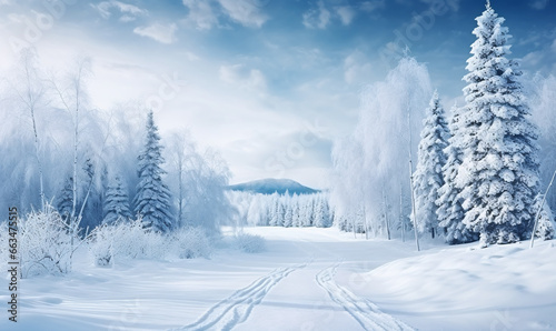 A snowy road leading through a snowy forest. An inhospitable winter landscape with a snowy road.