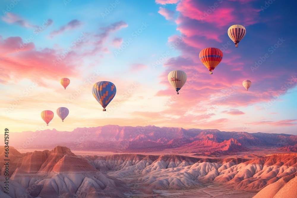 Hot air balloons drifting over a watercolor desert landscape at sunset