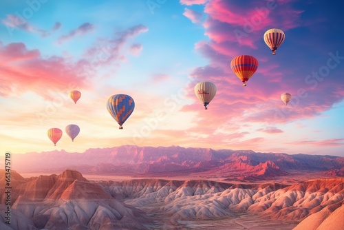Hot air balloons drifting over a watercolor desert landscape at sunset