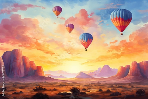 Hot air balloons drifting over a watercolor desert landscape at sunset