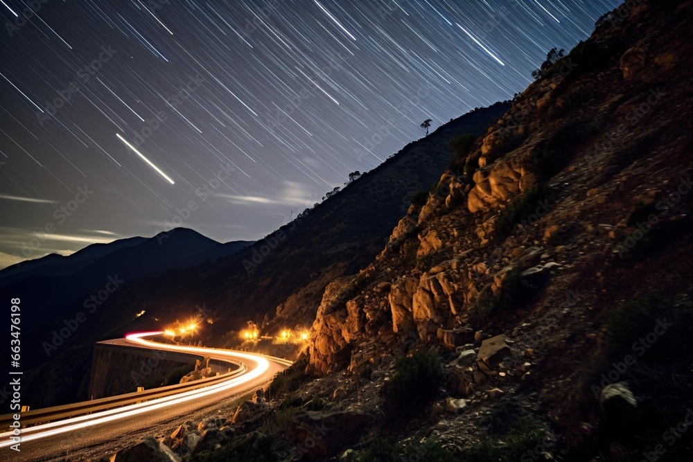 Light trails on a mountain pass during a meteor shower