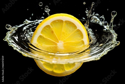 Lemon sliced in half, floating in carbonated water