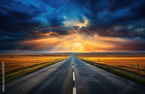 A scenic road stretching into the horizon under a dramatic cloudy sky