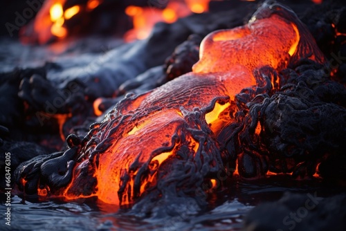 Molten lava splashing against cooled, black volcanic rock