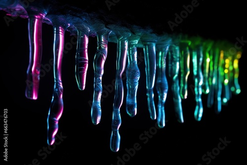 Neon lit icicles against a pitch-black background
