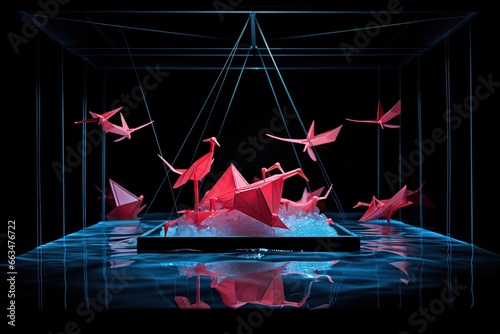 Neon-lit origami sculptures floating in a dark water tank