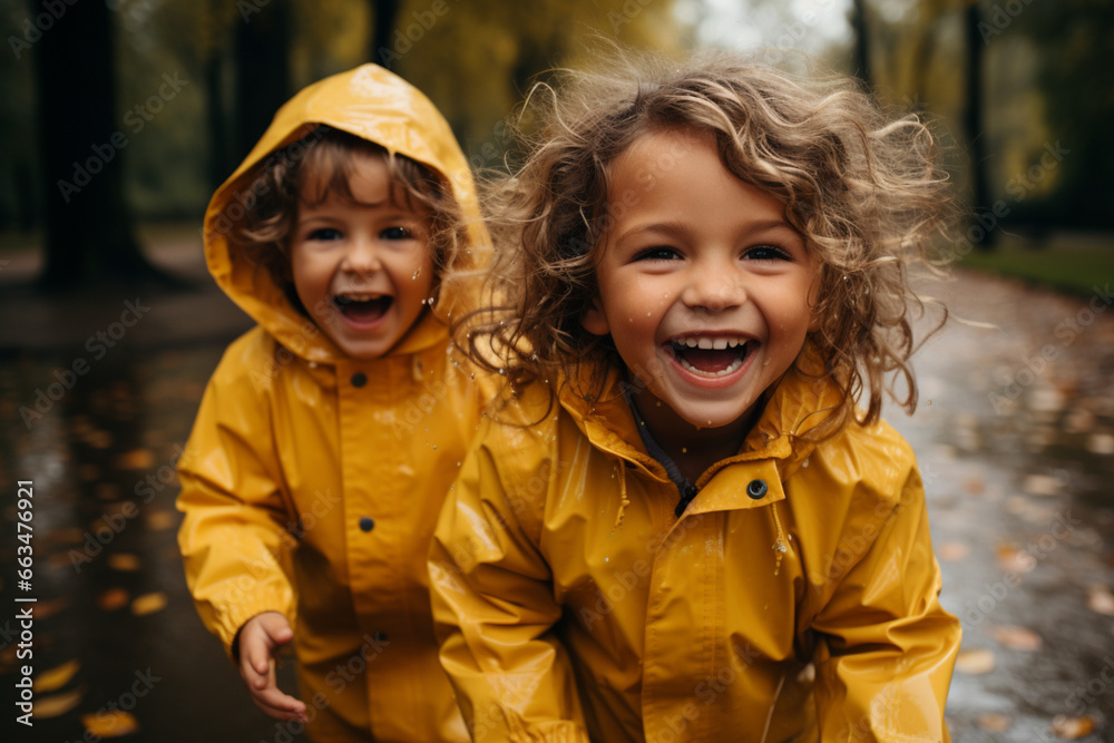 Two Happy Children Wearing Yellow Raincoats Jumping Together Two Happy Children Wearing Yellow Raincoats Jumping Together