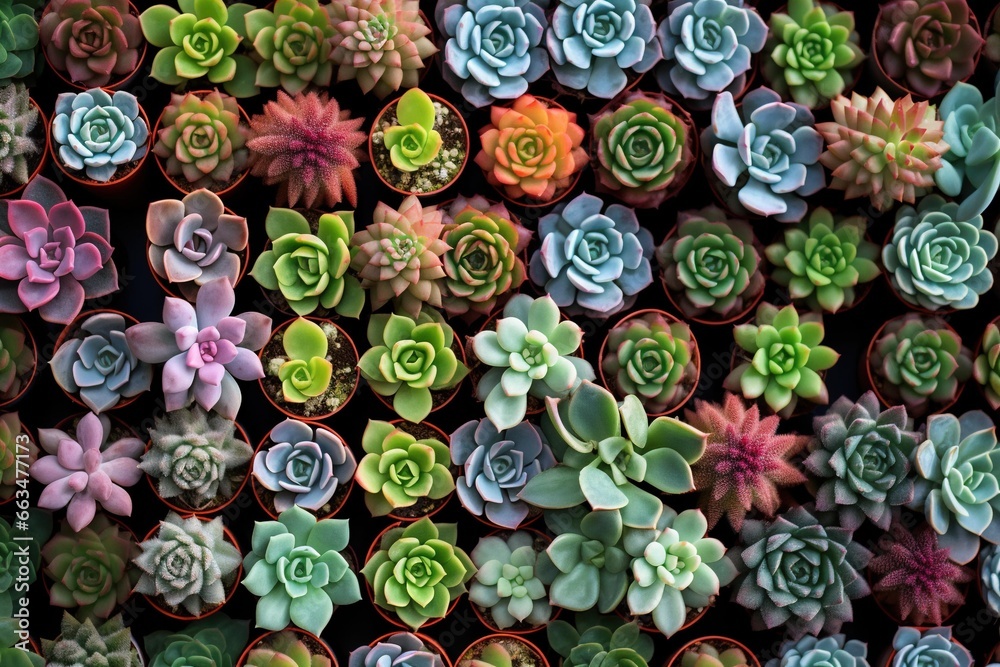Repeating rows of various succulent plants viewed from above