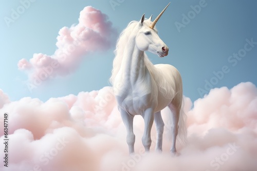 A majestic white unicorn standing gracefully on a dreamy cloud-filled sky