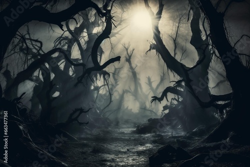 Spooky forest with fog and skeletal trees under a full moon photo