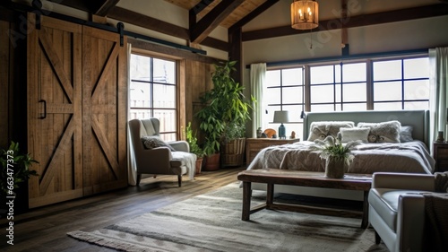 Bedroom decor, home interior design . Farmhouse Rustic style with Barn Door decorated with Wood and Wicker material . Generative AI AIG26. © Summit Art Creations