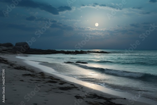Sturgeon moon over an empty  serene beach