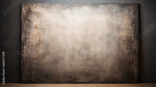 Old blackboard on a wooden table and grey wall background. Mock up