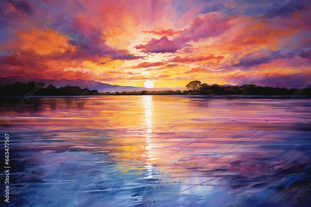 Sunset over water as a watercolor, with vivid orange, pink, and purple hues