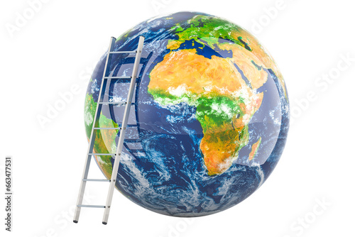 Earth exploration, ladder with Earth Globe. 3D rendering isolated on transparent background