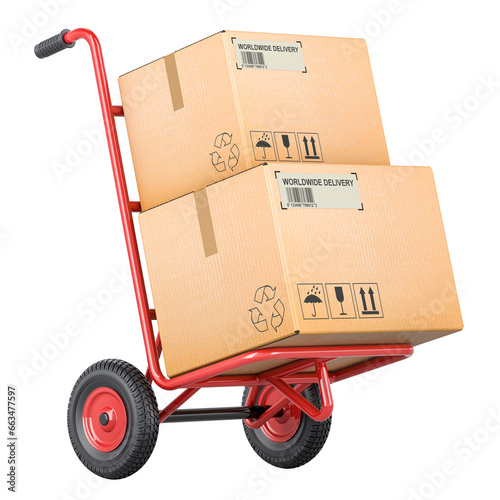 Hand Truck with Parcels, 3D rendering isolated on transparent background photo