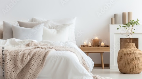  a bed with a white comforter and pillows and a table with candles.  generative ai