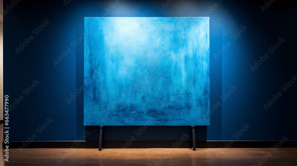 Blank blue billboard in a room with blue walls and wooden floor