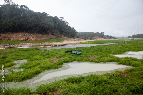 Dry river landscape in extreme drought in the Amazon Rainforest, the largest tropical forest. Concept of climate change, global warming, environment, ecology, disaster, weather, heating wave. photo