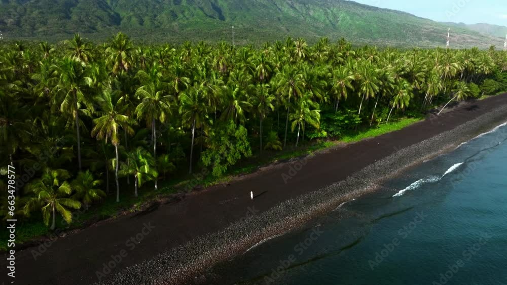 Aerial view of a woman walking on the black sand beach along the coast in Gretek, Bali, Indonesia.