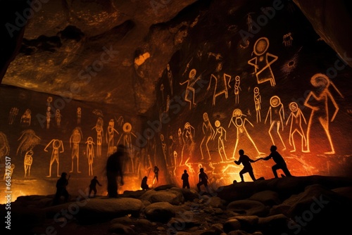 Ancient cave paintings illuminated by torchlight
