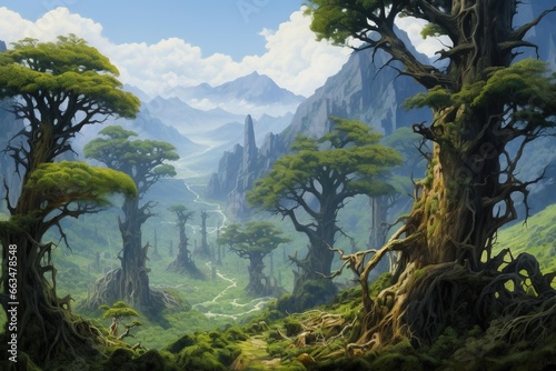 A grove of ancient  gnarled trees in the foreground of towering mountains