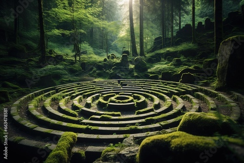 A labyrinth made of stones in the middle of a lush, green forest