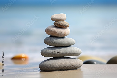 A stack of zen stones balanced on a beach at low tide