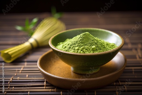 A vibrant green matcha tea powder sprinkled on a bamboo mat
