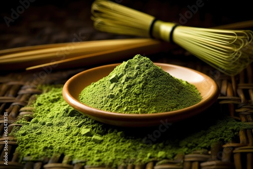 A vibrant green matcha tea powder sprinkled on a bamboo mat