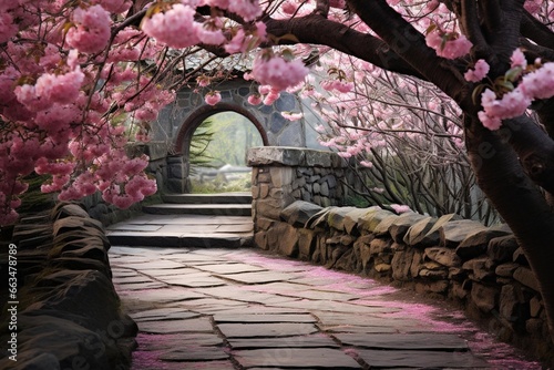 Blooming cherry blossom branches arching over a quiet stone pathway