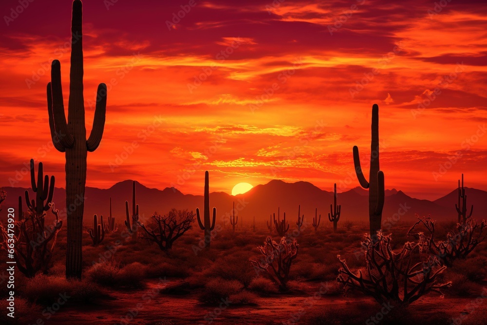 Cactus silhouettes against a vibrant desert sunset sky