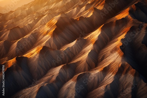 Dramatic aerial view of a mountain ridge at sunset with shadow patterns