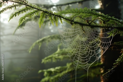 Dew-covered spiderweb clinging to a fern in a misty forest