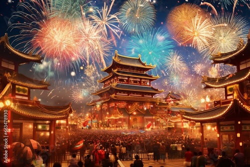 Lively display of vibrant fireworks during festive Chinese New Year. Generative AI