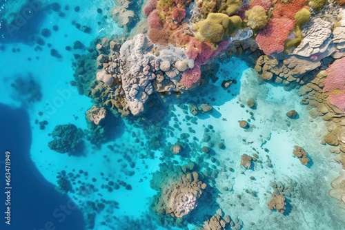 Drone shot of a coral reef surrounded by the deep blue ocean © Dan
