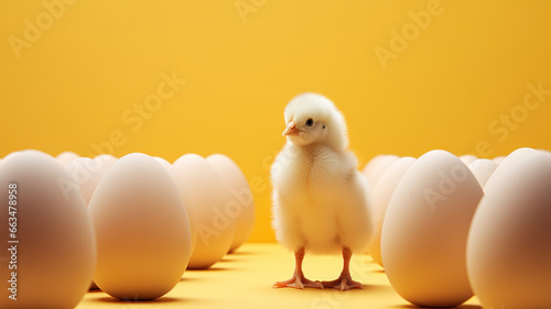 Small Chicken with Eggs on Yellow Background © M.Gierczyk