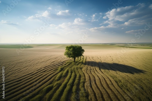 Drone shot of a lone tree in a vast wheat field painted with light