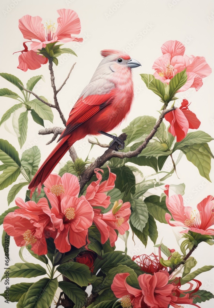 A vibrant red bird perched on a blooming branch surrounded by pink flowers
