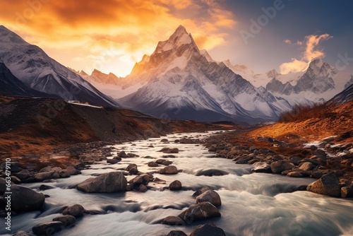 Fast-moving river framed by snowy mountain peaks in the distance
