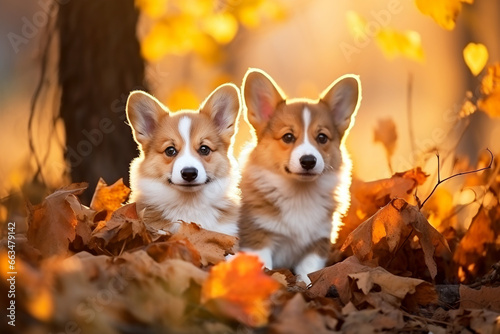 Pets, two cute corgi puppies lie in the autumn leaves in the park. Walks in the fresh air with your favorite pets. Sunset.Pet care.Close-up. Copy space. Generative AI