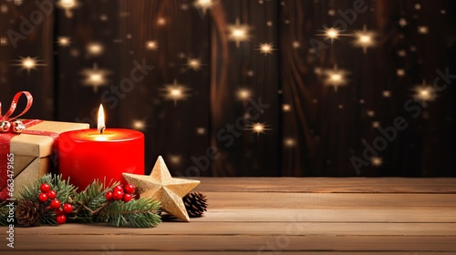 Christmas presents surrounded by lanterns,pine trees and candle on a rustic wooden background