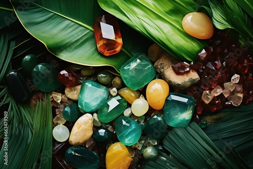 Jade gemstones and crystals scattered over banana leaves