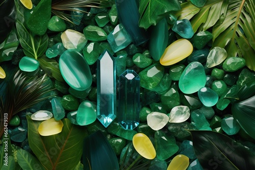 Jade gemstones and crystals scattered over banana leaves