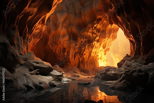 Light painting photography capturing the complex rock formations of a cave