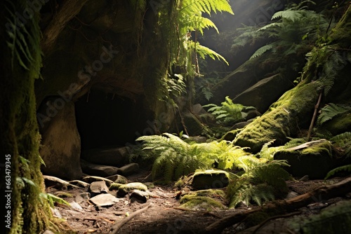 Moss and ferns growing on the floor of a sunlit cave entrance