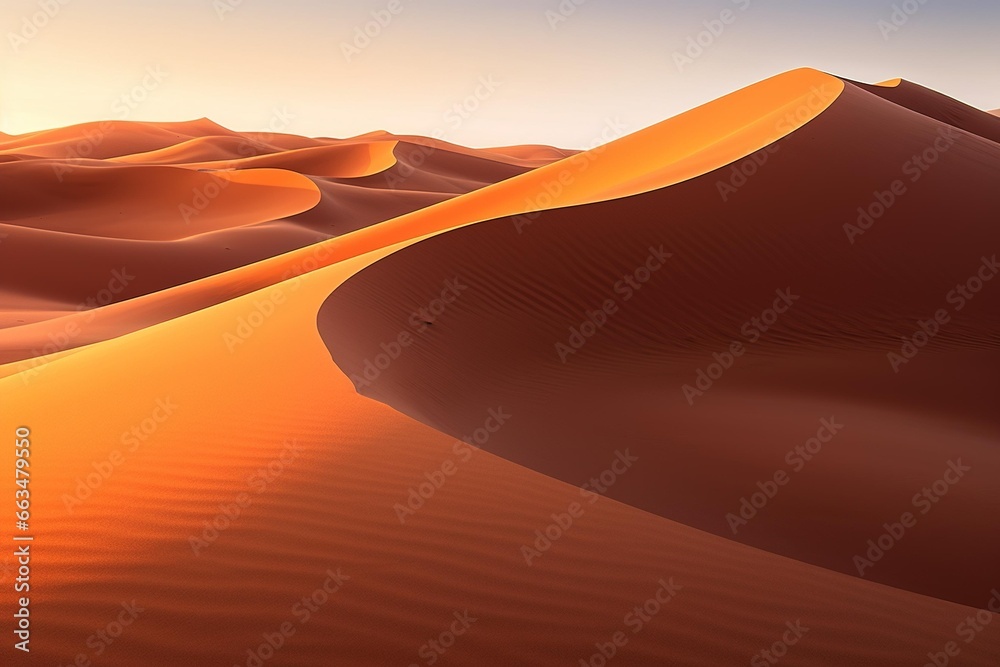 Sand dunes forming sensuous curves, shot during a golden-hour sunset