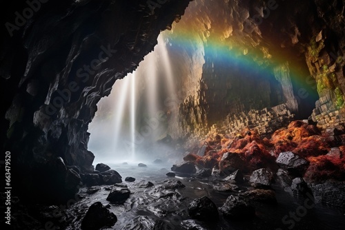 Rainbow formed from a cave waterfall's mist