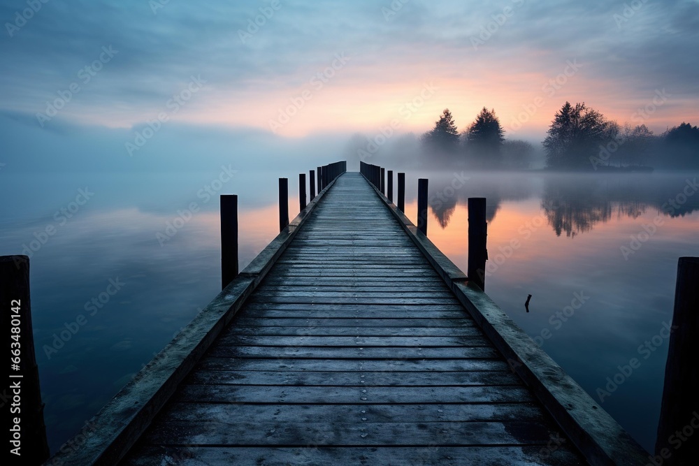 Wooden pier stretching into a foggy lake at dawn